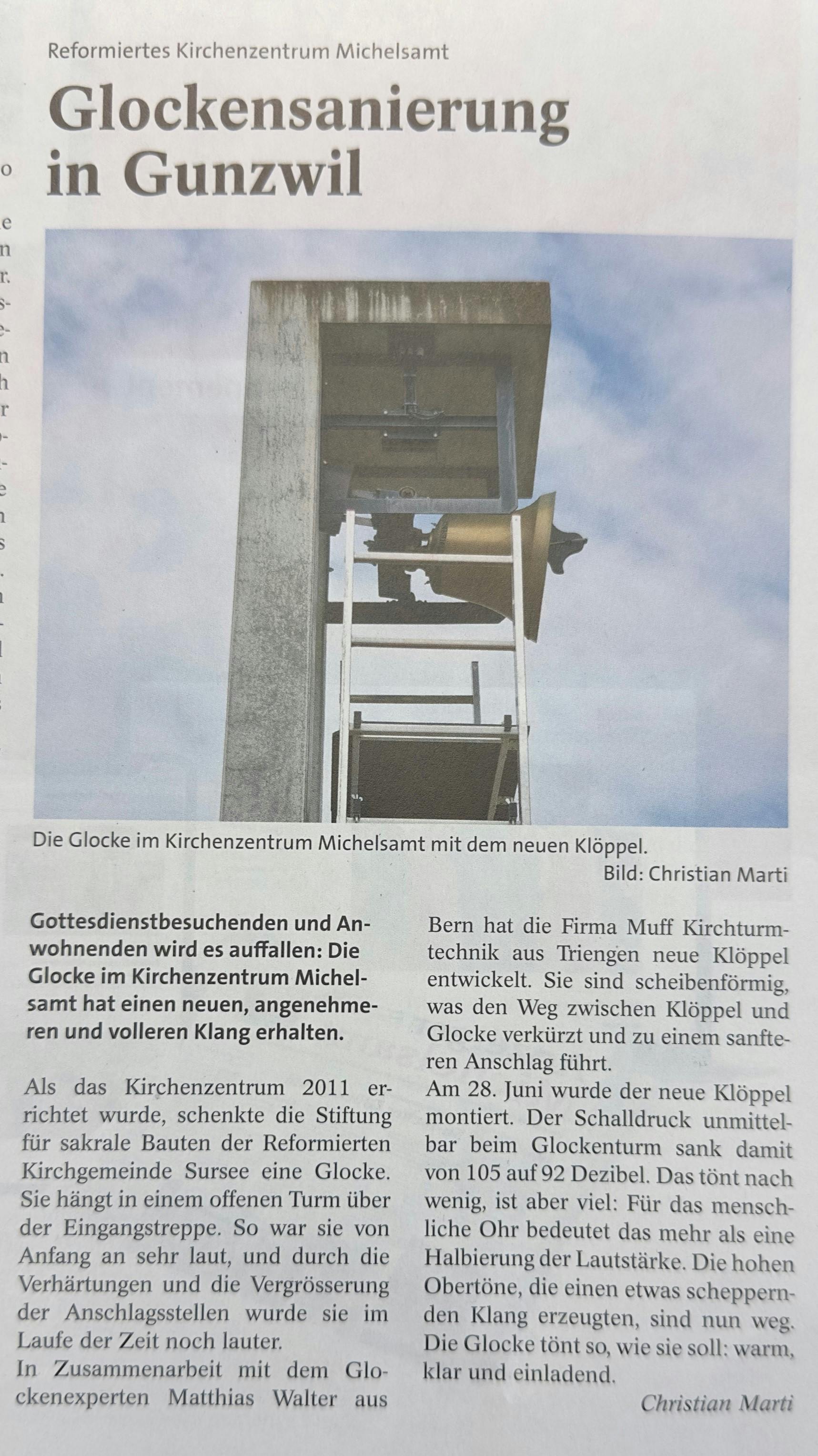 Zeitungsartikel über die neuen Ankerklöppel in Gunzwil